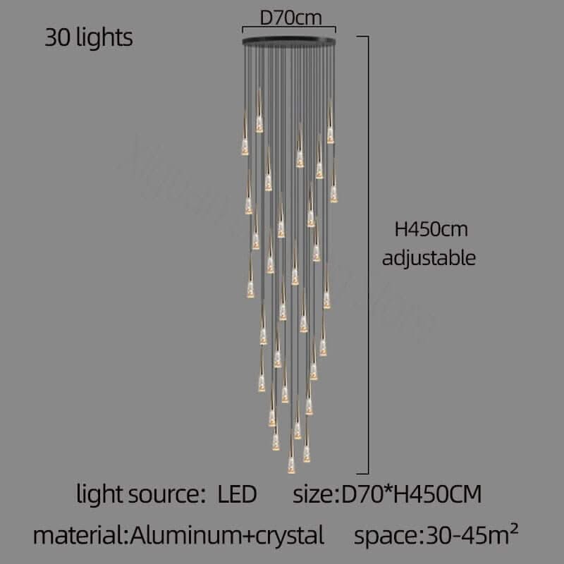 Crystal Cones Staircase Chandelier – Black or Gold, 1 to 30 Heads, 3 Colour Modes