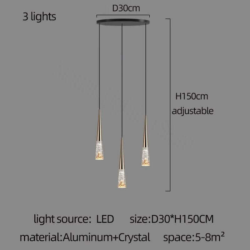 Crystal Cones Staircase Chandelier – Black or Gold, 1 to 30 Heads, 3 Colour Modes