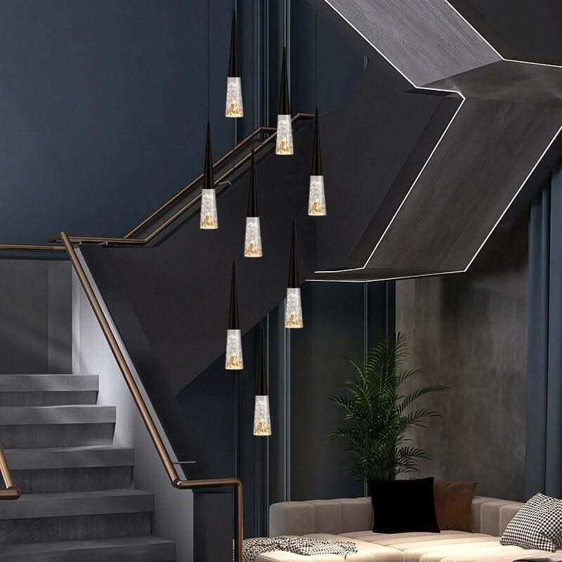 Crystal Cones Staircase Chandelier – Black or Gold, 1 to 30 Heads, 3 Colour Modes