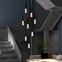 Crystal Cones Staircase Chandelier – Black or Gold, 1 to 30 Heads, 3 Colour Modes