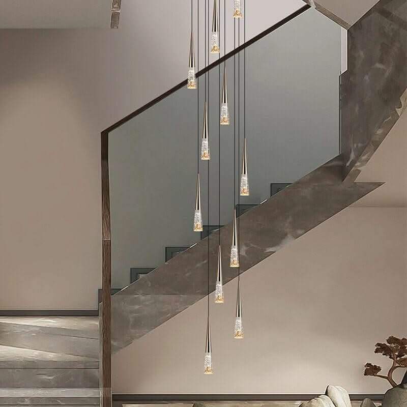 Crystal Cones Staircase Chandelier – Black or Gold, 1 to 30 Heads, 3 Colour Modes