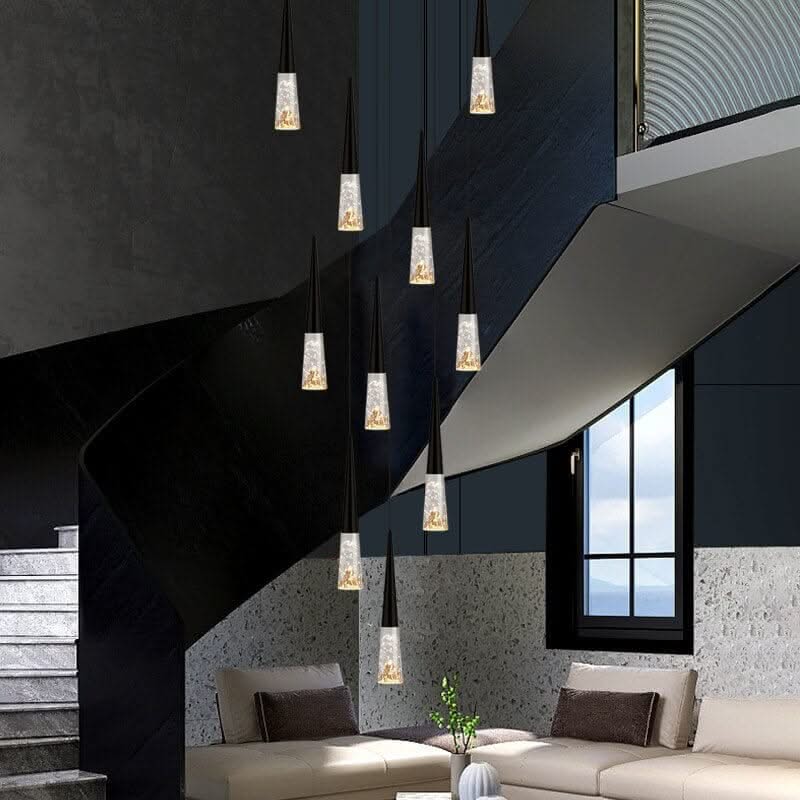 Crystal Cones Staircase Chandelier – Black or Gold, 1 to 30 Heads, 3 Colour Modes