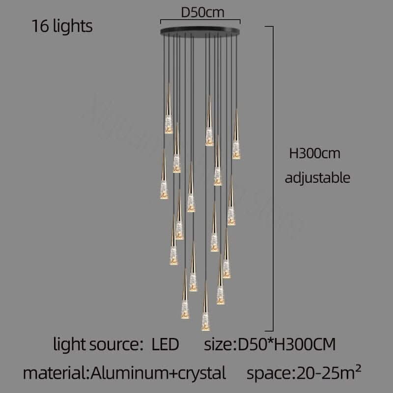 Crystal Cones Staircase Chandelier – Black or Gold, 1 to 30 Heads, 3 Colour Modes