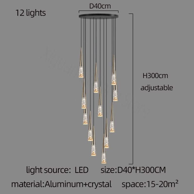 Crystal Cones Staircase Chandelier – Black or Gold, 1 to 30 Heads, 3 Colour Modes