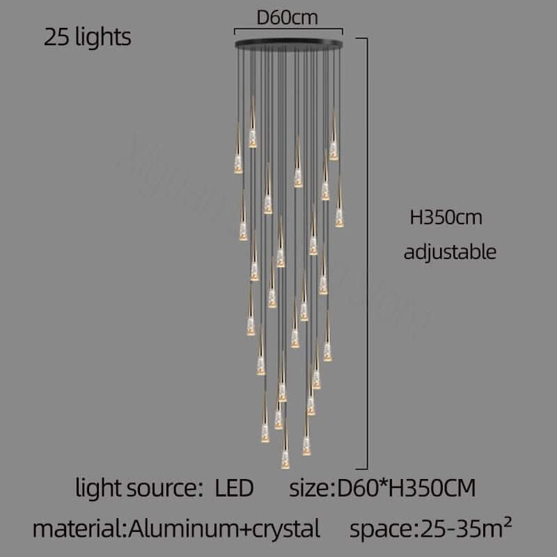 Crystal Cones Staircase Chandelier – Black or Gold, 1 to 30 Heads, 3 Colour Modes
