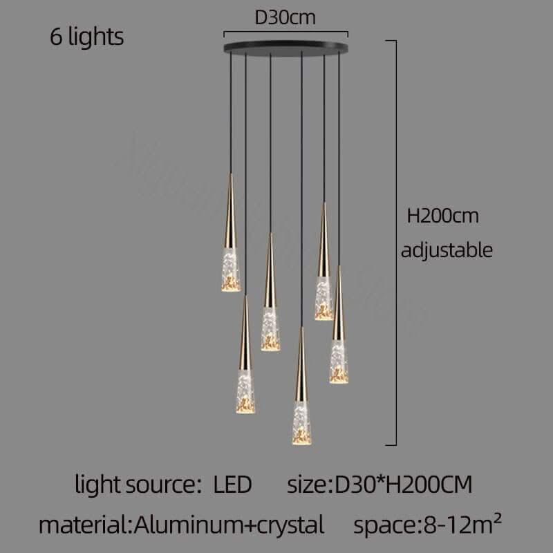 Crystal Cones Staircase Chandelier – Black or Gold, 1 to 30 Heads, 3 Colour Modes
