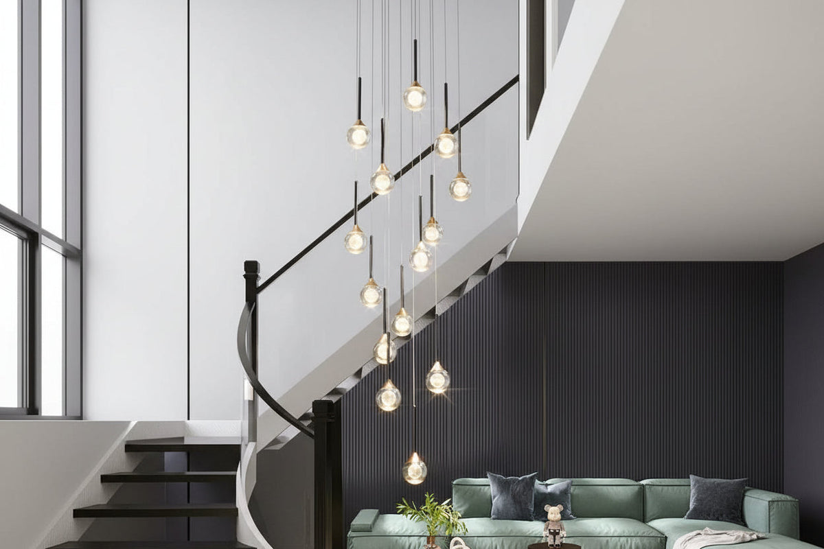 Crystal Drops Staircase Chandelier – Black, Gold or Silver, 1 to 5 Heads, 3 Colour Modes
