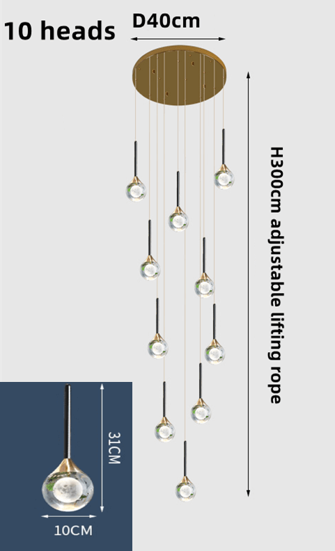 Crystal Drops Staircase Chandelier – Black, Gold or Silver, 1 to 5 Heads, 3 Colour Modes