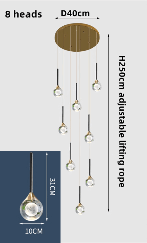 Crystal Drops Staircase Chandelier – Black, Gold or Silver, 1 to 5 Heads, 3 Colour Modes