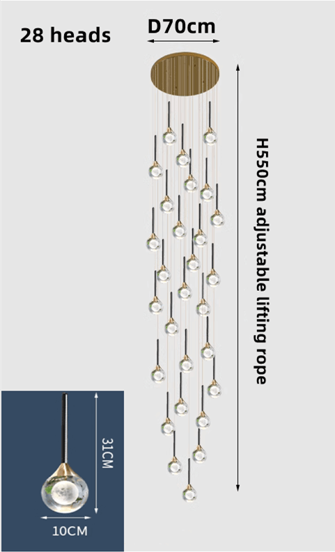 Crystal Drops Staircase Chandelier – Black, Gold or Silver, 1 to 5 Heads, 3 Colour Modes