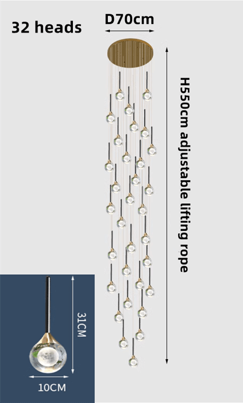 Crystal Drops Staircase Chandelier – Black, Gold or Silver, 1 to 5 Heads, 3 Colour Modes