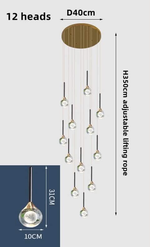 Crystal Drops Staircase Chandelier – Black, Gold or Silver, 1 to 5 Heads, 3 Colour Modes