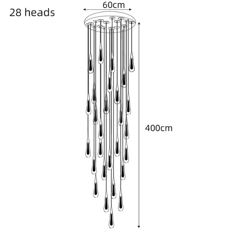 Crystal Drops Staircase Chandelier – Elegant LED Pendant, 3 to 28 Heads, 3 Colour Modes