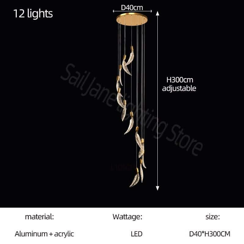 Crystal Feather Staircase Chandelier – Aluminium & Acrylic LED Spiral, 6 to 26 Lights