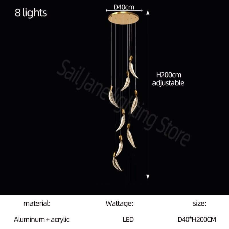 Crystal Feather Staircase Chandelier – Aluminium & Acrylic LED Spiral, 6 to 26 Lights