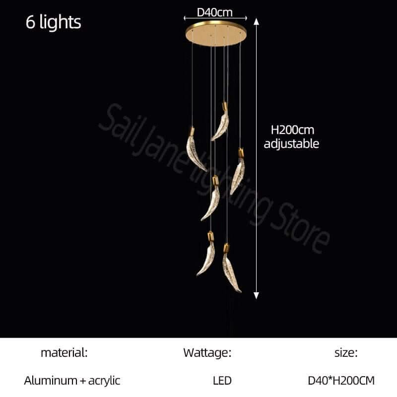 Crystal Feather Staircase Chandelier – Aluminium & Acrylic LED Spiral, 6 to 26 Lights
