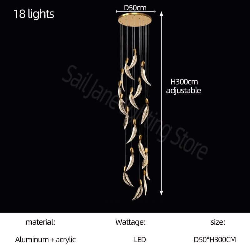 Crystal Feather Staircase Chandelier – Aluminium & Acrylic LED Spiral, 6 to 26 Lights