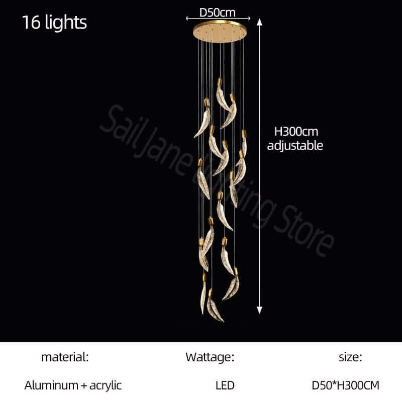 Crystal Feather Staircase Chandelier – Aluminium & Acrylic LED Spiral, 6 to 26 Lights