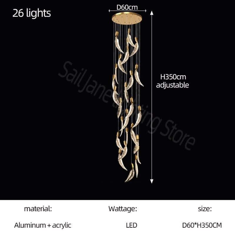 Crystal Feather Staircase Chandelier – Aluminium & Acrylic LED Spiral, 6 to 26 Lights