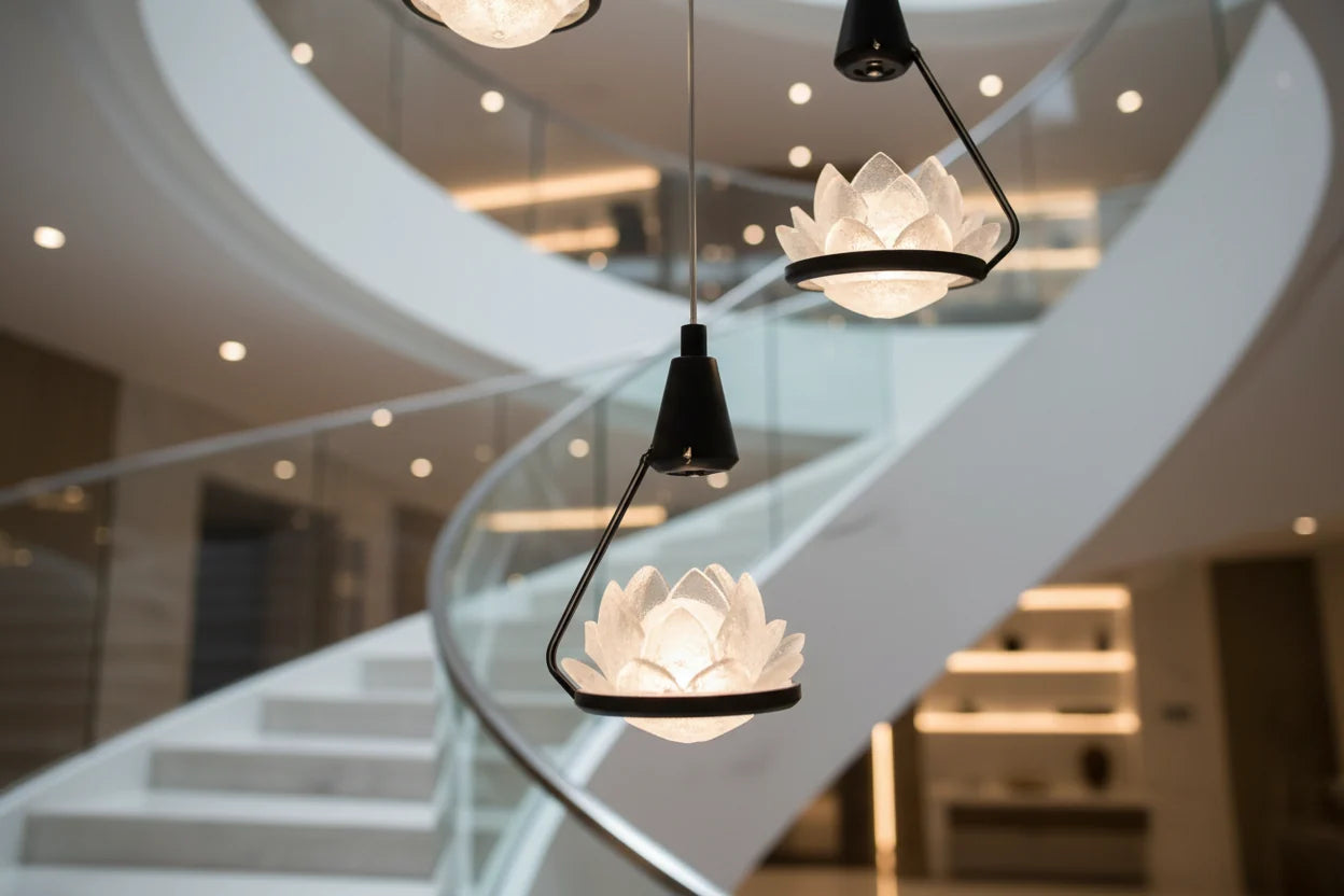 Crystal Lotus Flower Staircase Chandelier – Luxury Multi-Head LED Pendant, 3 to 20 Heads