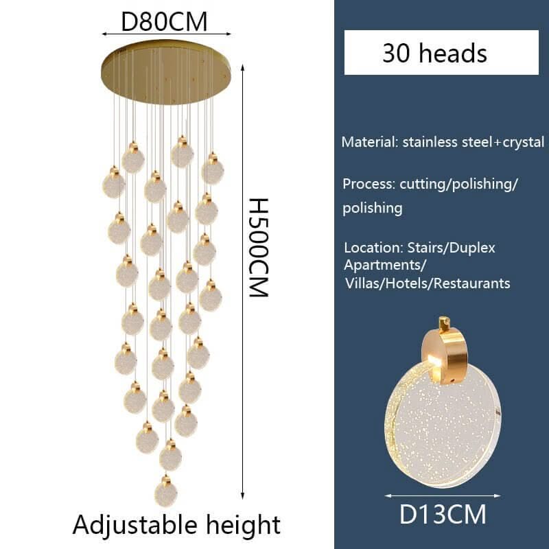 Crystal Rings Staircase Chandelier – Gold or Silver, 1 to 30 Heads, 3 Colour Modes