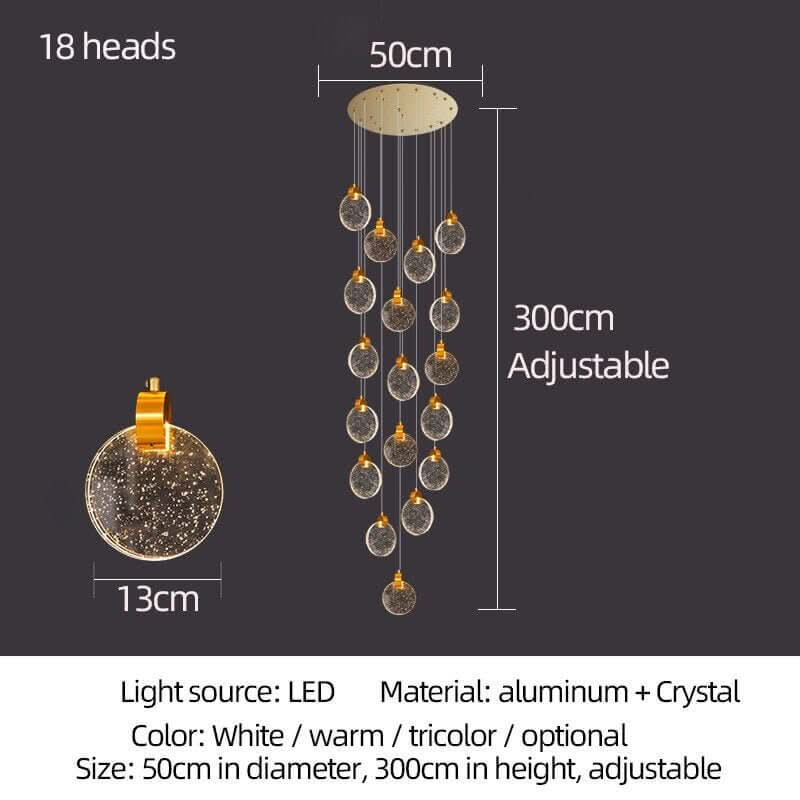 Crystal Rings Staircase Chandelier – Gold or Silver, 1 to 30 Heads, 3 Colour Modes