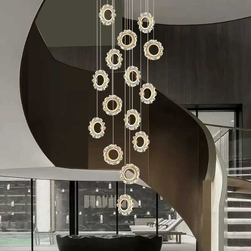 Crystal Rings Stairs Chandelier – Elegant Multi-Ring LED Pendant, 3 to 32 Lights, Dimmable Option