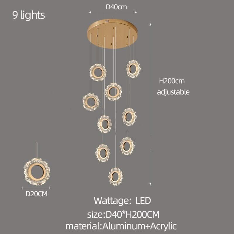 Crystal Rings Stairs Chandelier – Elegant Multi-Ring LED Pendant, 3 to 32 Lights, Dimmable Option