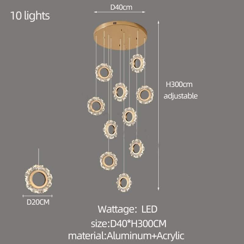Crystal Rings Stairs Chandelier – Elegant Multi-Ring LED Pendant, 3 to 32 Lights, Dimmable Option