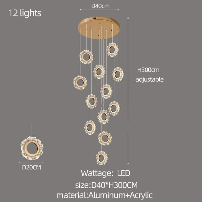 Crystal Rings Stairs Chandelier – Elegant Multi-Ring LED Pendant, 3 to 32 Lights, Dimmable Option