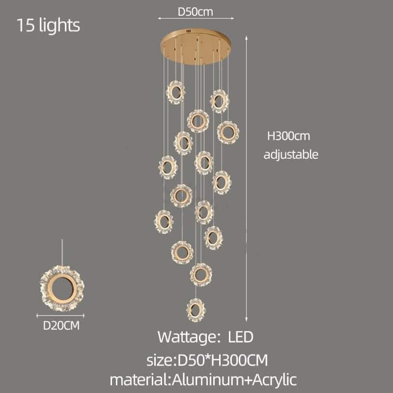 Crystal Rings Stairs Chandelier – Elegant Multi-Ring LED Pendant, 3 to 32 Lights, Dimmable Option