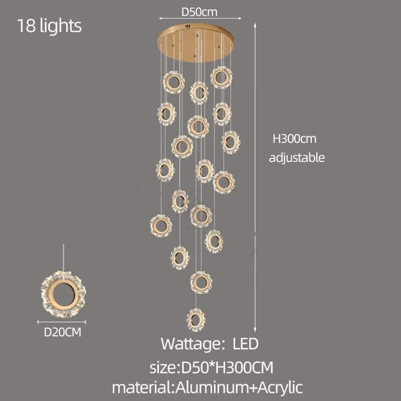 Crystal Rings Stairs Chandelier – Elegant Multi-Ring LED Pendant, 3 to 32 Lights, Dimmable Option