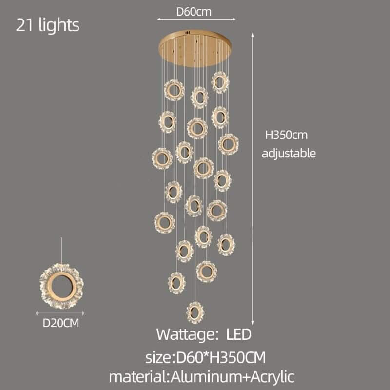 Crystal Rings Stairs Chandelier – Elegant Multi-Ring LED Pendant, 3 to 32 Lights, Dimmable Option