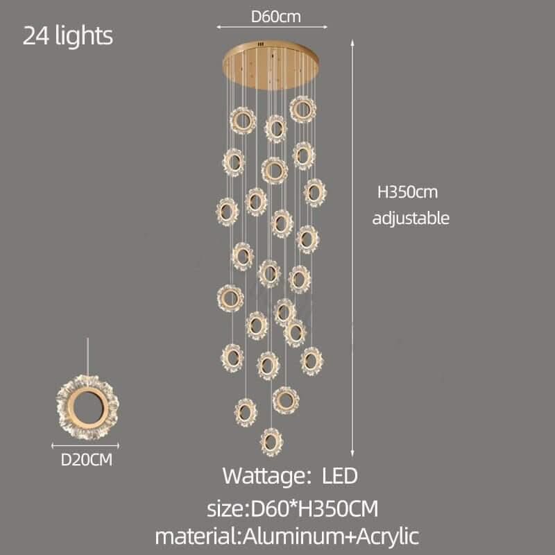 Crystal Rings Stairs Chandelier – Elegant Multi-Ring LED Pendant, 3 to 32 Lights, Dimmable Option