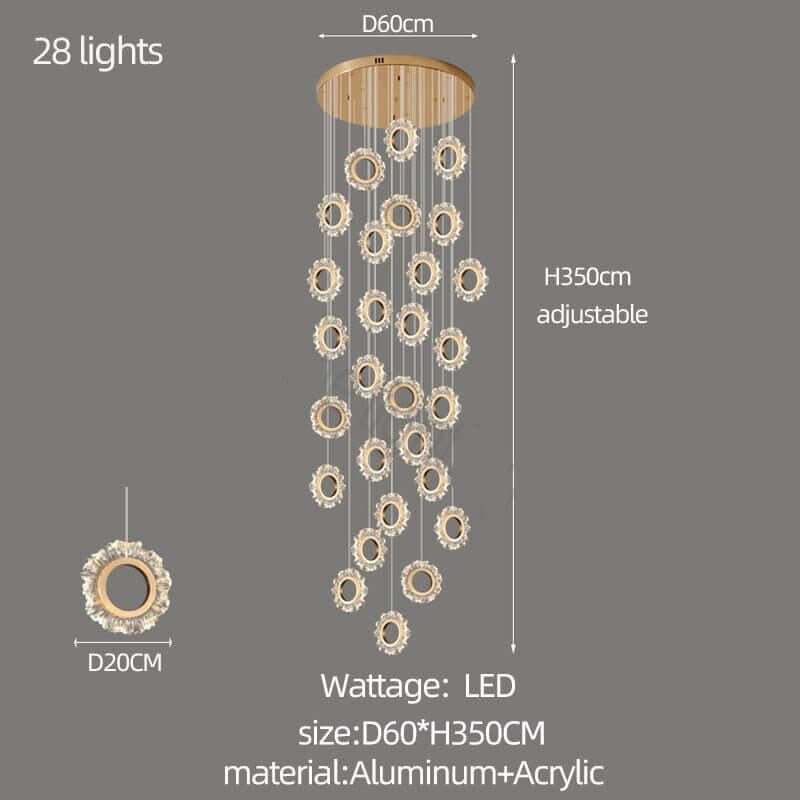 Crystal Rings Stairs Chandelier – Elegant Multi-Ring LED Pendant, 3 to 32 Lights, Dimmable Option