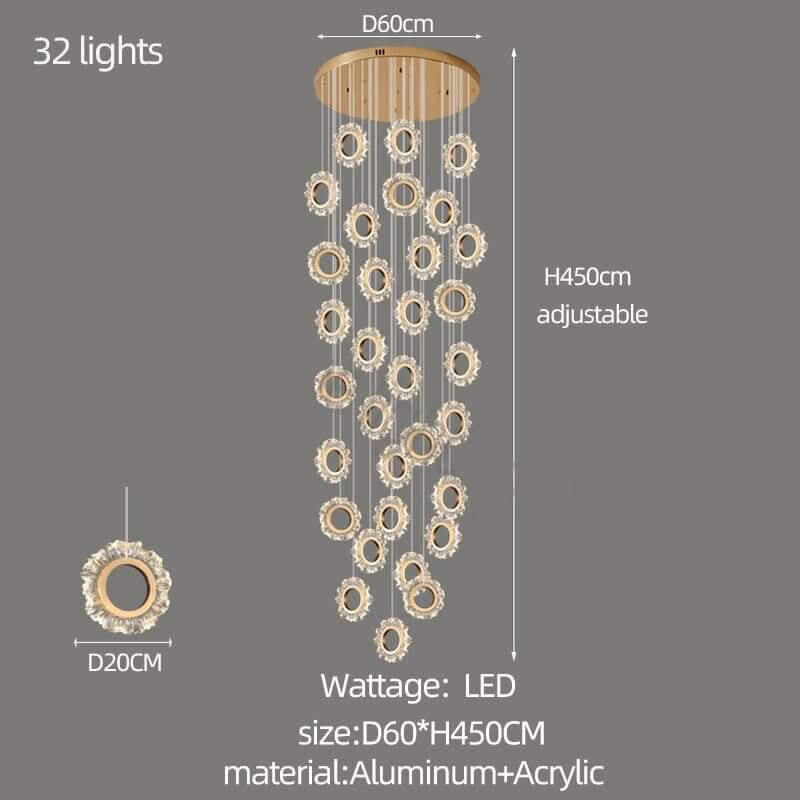Crystal Rings Stairs Chandelier – Elegant Multi-Ring LED Pendant, 3 to 32 Lights, Dimmable Option