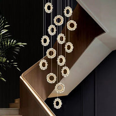 Crystal Rings Stairs Chandelier – Elegant Multi-Ring LED Pendant, 3 to 32 Lights, Dimmable Option