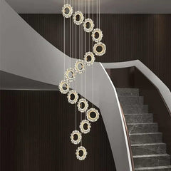 Crystal Rings Stairs Chandelier – Elegant Multi-Ring LED Pendant, 3 to 32 Lights, Dimmable Option