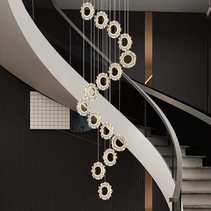 Crystal Rings Stairs Chandelier – Elegant Multi-Ring LED Pendant, 3 to 32 Lights, Dimmable Option