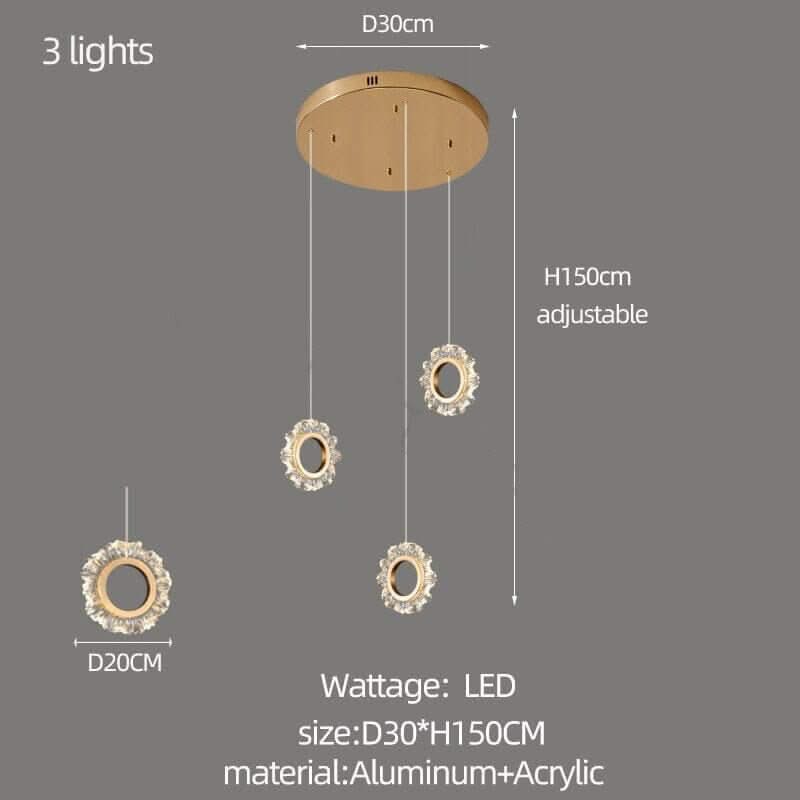 Crystal Rings Stairs Chandelier – Elegant Multi-Ring LED Pendant, 3 to 32 Lights, Dimmable Option