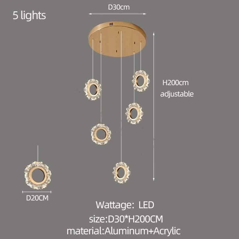 Crystal Rings Stairs Chandelier – Elegant Multi-Ring LED Pendant, 3 to 32 Lights, Dimmable Option