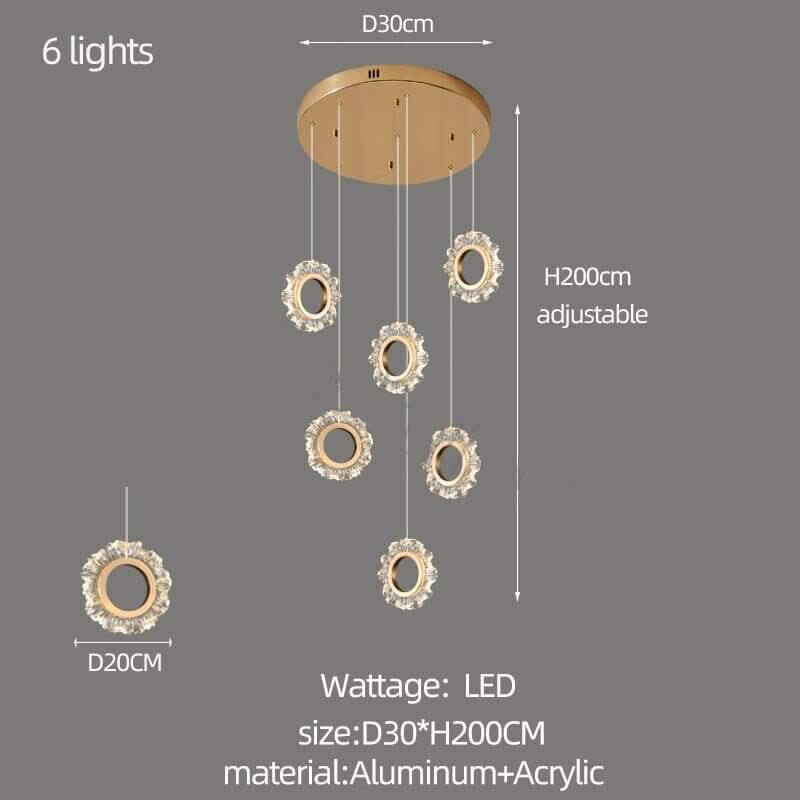 Crystal Rings Stairs Chandelier – Elegant Multi-Ring LED Pendant, 3 to 32 Lights, Dimmable Option