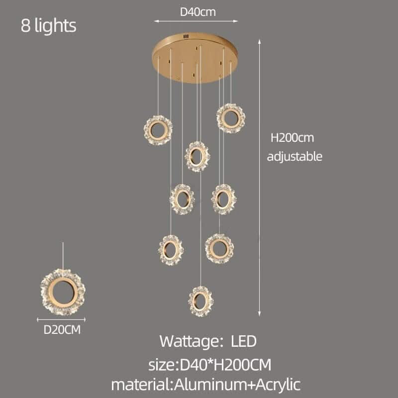 Crystal Rings Stairs Chandelier – Elegant Multi-Ring LED Pendant, 3 to 32 Lights, Dimmable Option
