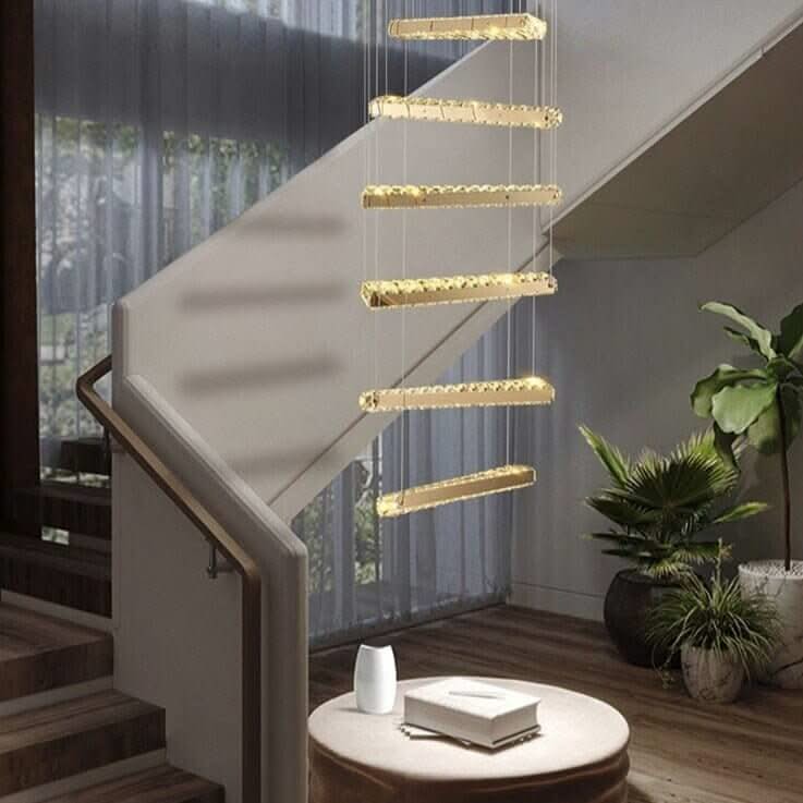 Crystal Rotating Bars Staircase Chandelier – Luxury LED Pendant, 8 or 10 Heads, Tri-Colour Remote
