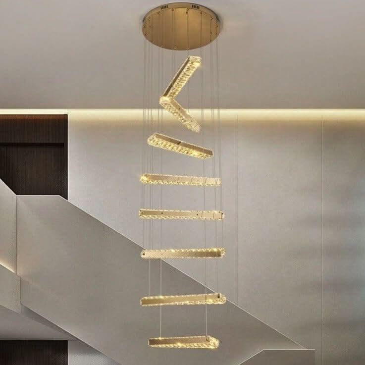 Crystal Rotating Bars Staircase Chandelier – Luxury LED Pendant, 8 or 10 Heads, Tri-Colour Remote
