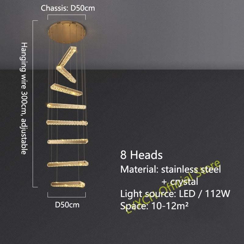 Crystal Rotating Bars Staircase Chandelier – Luxury LED Pendant, 8 or 10 Heads, Tri-Colour Remote