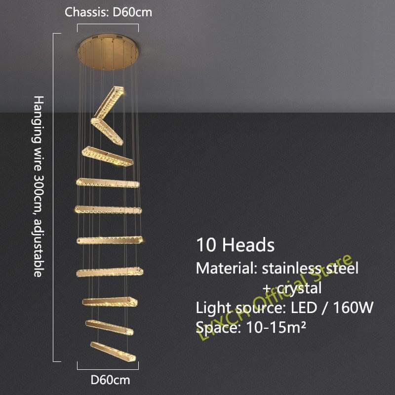Crystal Rotating Bars Staircase Chandelier – Luxury LED Pendant, 8 or 10 Heads, Tri-Colour Remote