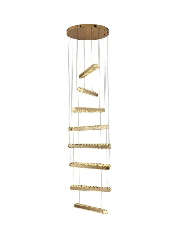 Crystal Rotating Bars Staircase Chandelier – Luxury LED Pendant, 8 or 10 Heads, Tri-Colour Remote