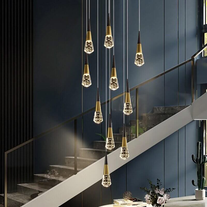 Crystal Spiral Cones Staircase Chandelier – Plated LED Pendant, 1 to 20 Heads, Dimmable Option