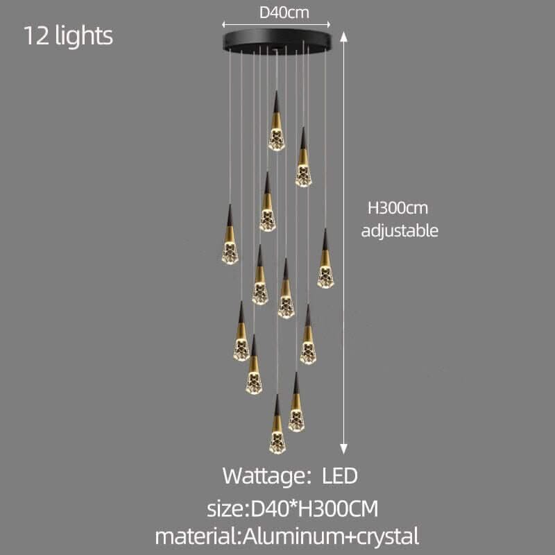 Crystal Spiral Cones Staircase Chandelier – Plated LED Pendant, 1 to 20 Heads, Dimmable Option